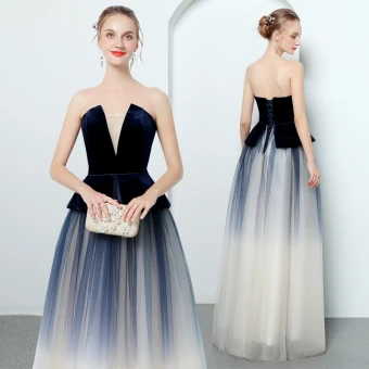 Modern Fashion Navy Blue Evening Dresses 2018 A Line Princess Strapless Sleeveless Floor Length Long Ruffle Backless Formal Dresses