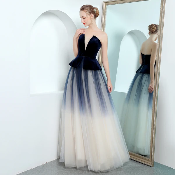 Modern / Fashion Navy Blue Evening Dresses  2018 A-Line / Princess Strapless Sleeveless Floor-Length / Long Ruffle Backless Formal Dresses