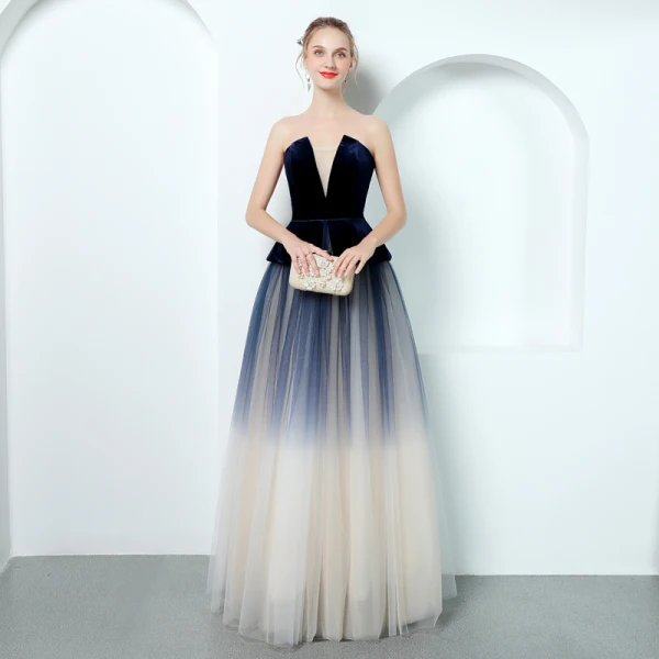 Modern / Fashion Navy Blue Evening Dresses  2018 A-Line / Princess Strapless Sleeveless Floor-Length / Long Ruffle Backless Formal Dresses