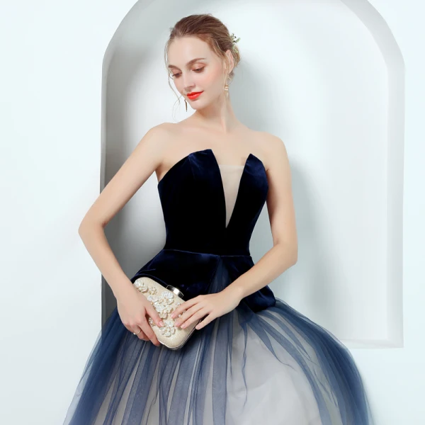 Modern / Fashion Navy Blue Evening Dresses  2018 A-Line / Princess Strapless Sleeveless Floor-Length / Long Ruffle Backless Formal Dresses
