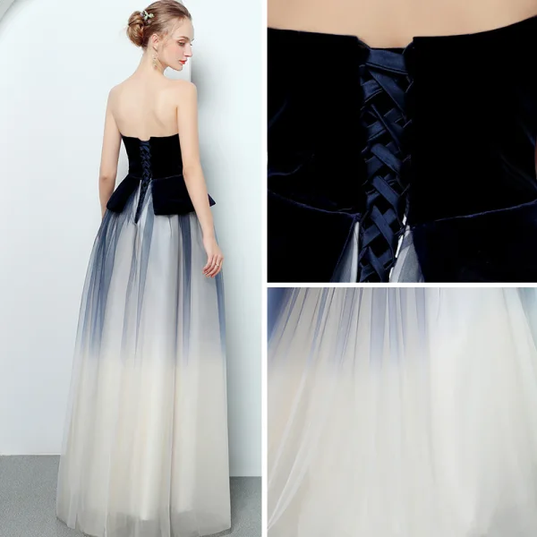 Modern / Fashion Navy Blue Evening Dresses  2018 A-Line / Princess Strapless Sleeveless Floor-Length / Long Ruffle Backless Formal Dresses