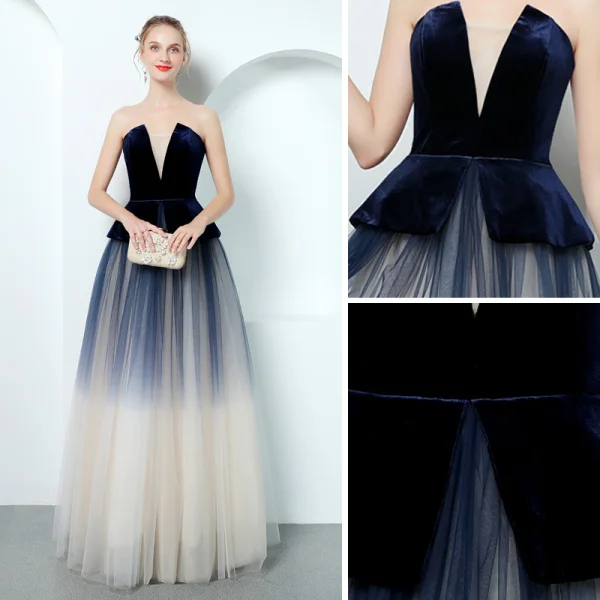 Modern / Fashion Navy Blue Evening Dresses  2018 A-Line / Princess Strapless Sleeveless Floor-Length / Long Ruffle Backless Formal Dresses