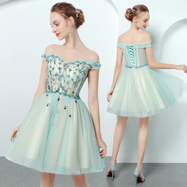 Modern / Fashion Pool Blue Cocktail Dresses 2018 A-Line / Princess Off-The-Shoulder Short Sleeve Appliques Flower Beading Short Ruffle Backless Formal Dresses