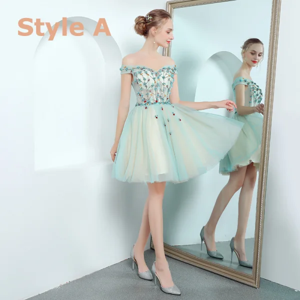 Modern / Fashion Pool Blue Cocktail Dresses 2018 A-Line / Princess Off-The-Shoulder Short Sleeve Appliques Flower Beading Short Ruffle Backless Formal Dresses
