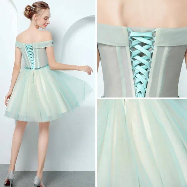 Modern / Fashion Pool Blue Cocktail Dresses 2018 A-Line / Princess Off-The-Shoulder Short Sleeve Appliques Flower Beading Short Ruffle Backless Formal Dresses
