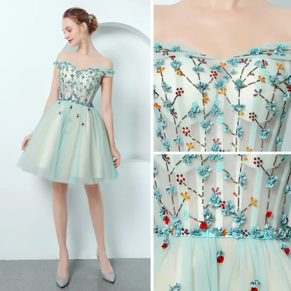 Modern / Fashion Pool Blue Cocktail Dresses 2018 A-Line / Princess Off-The-Shoulder Short Sleeve Appliques Flower Beading Short Ruffle Backless Formal Dresses