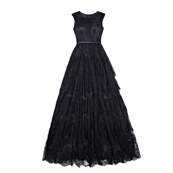 Modest / Simple Black Lace Evening Dresses 2018 Empire Scoop Neck Sleeveless Sash Floor-Length / Long Ruffle Formal Dresses