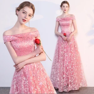 Moderne Mode Rose Bonbon Robe De Soirée 2018 Empire De L Épaule Manches Courtes Étoile Brodé Perlage Longue Volants Dos Nu Robe De Ceremonie