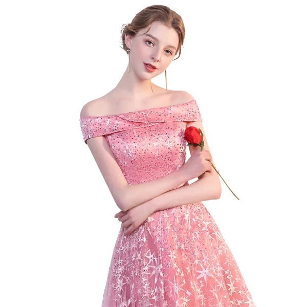 Modern / Fashion Candy Pink Evening Dresses 2018 Empire Off-The-Shoulder Short Sleeve Star Embroidered Beading Floor-Length / Long Ruffle Backless Formal Dresses