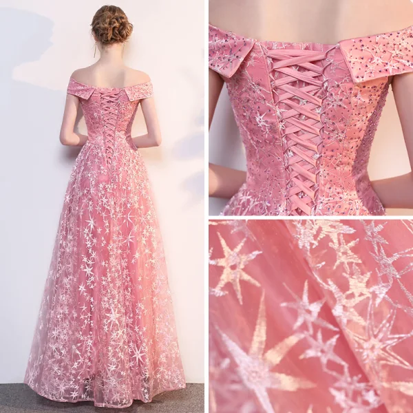 Modern / Fashion Candy Pink Evening Dresses 2018 Empire Off-The-Shoulder Short Sleeve Star Embroidered Beading Floor-Length / Long Ruffle Backless Formal Dresses