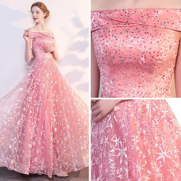 Modern / Fashion Candy Pink Evening Dresses 2018 Empire Off-The-Shoulder Short Sleeve Star Embroidered Beading Floor-Length / Long Ruffle Backless Formal Dresses