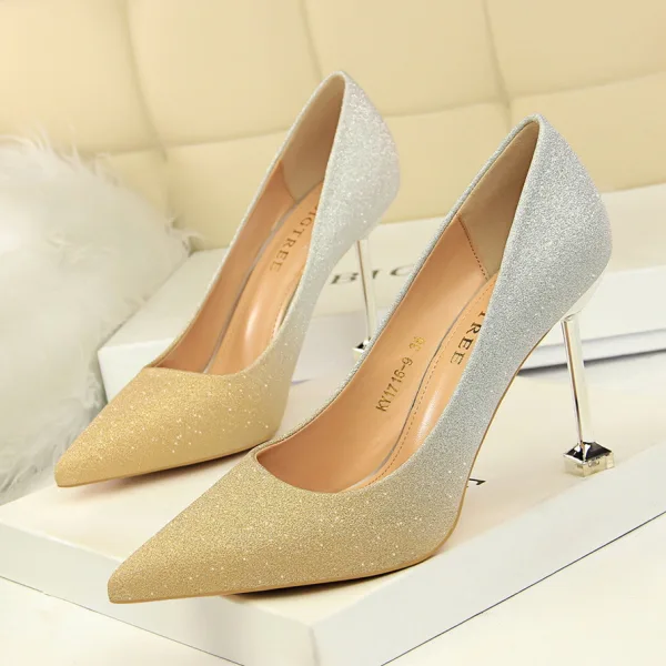 Fashion Blushing Pink Gradient-Color Evening Party Pumps 2022 Sequins 9 cm Stiletto Heels Pointed Toe Pumps High Heels