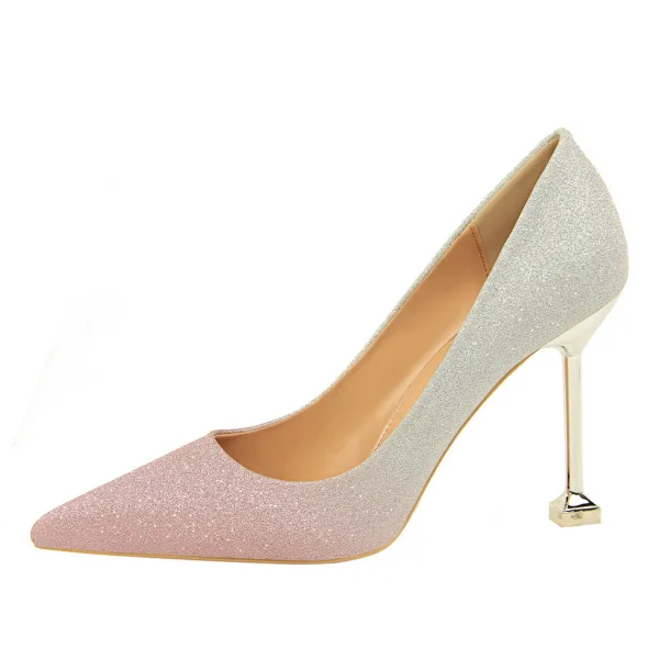 Fashion Blushing Pink Gradient-Color Evening Party Pumps 2022 Sequins 9 cm Stiletto Heels Pointed Toe Pumps High Heels