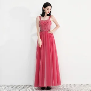 Chic Belle Watermelon Rouge Robe De Bal 2018 Princesse Épaules Sans Manches Perlage Longueur Cheville Volants Dos Nu Robe De Ceremonie