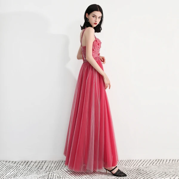 Chic / Belle Watermelon Rouge Robe De Bal 2018 Princesse épaules Sans Manches Perlage Longueur Cheville Volants Dos Nu Robe De Ceremonie