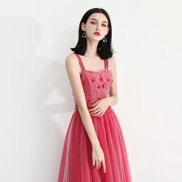 Chic / Belle Watermelon Rouge Robe De Bal 2018 Princesse épaules Sans Manches Perlage Longueur Cheville Volants Dos Nu Robe De Ceremonie