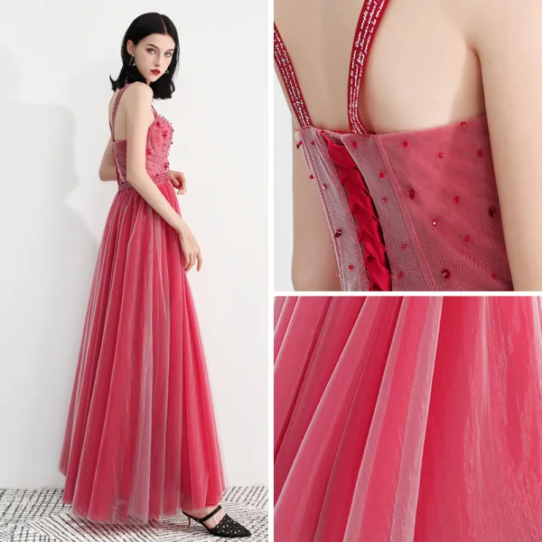 Chic / Belle Watermelon Rouge Robe De Bal 2018 Princesse épaules Sans Manches Perlage Longueur Cheville Volants Dos Nu Robe De Ceremonie