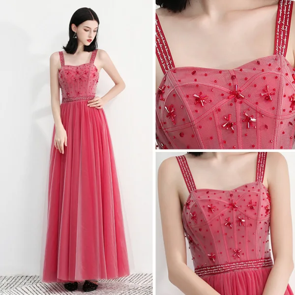 Chic / Belle Watermelon Rouge Robe De Bal 2018 Princesse épaules Sans Manches Perlage Longueur Cheville Volants Dos Nu Robe De Ceremonie