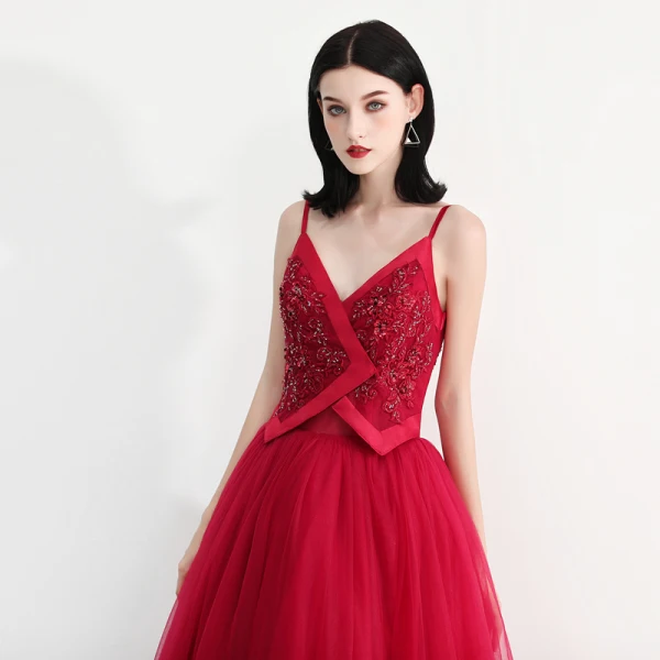 Modern / Fashion Red Prom Dresses 2018 A-Line / Princess Spaghetti Straps Sleeveless Beading Ankle Length Ruffle Backless Formal Dresses