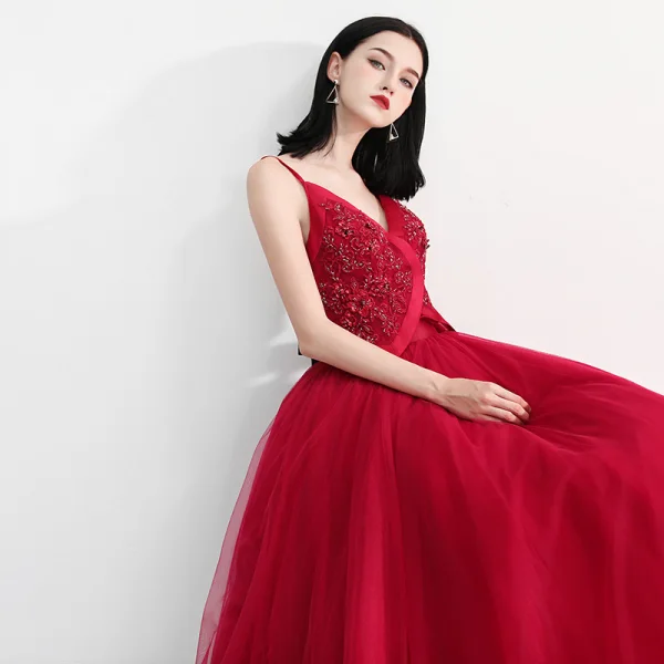 Modern / Fashion Red Prom Dresses 2018 A-Line / Princess Spaghetti Straps Sleeveless Beading Ankle Length Ruffle Backless Formal Dresses