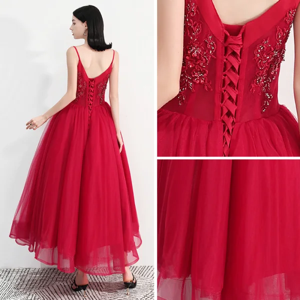 Modern / Fashion Red Prom Dresses 2018 A-Line / Princess Spaghetti Straps Sleeveless Beading Ankle Length Ruffle Backless Formal Dresses