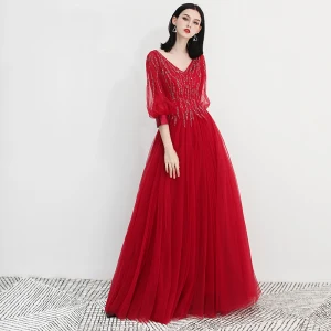 Élégant Bordeaux Robe De Soirée 2018 Princesse V Cou 3 4 Manches Glitter Faux Diamant Longue Volants Dos Nu Robe De Ceremonie