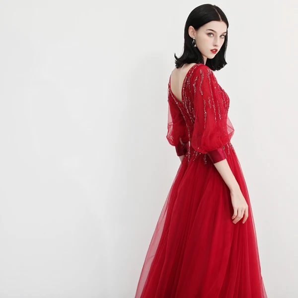 Elegant Burgundy Evening Dresses 2018 A-Line / Princess V-Neck 3/4 Sleeve Glitter Rhinestone Floor-Length / Long Ruffle Backless Formal Dresses