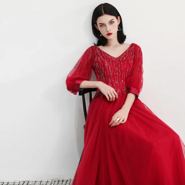 Elegant Burgundy Evening Dresses 2018 A-Line / Princess V-Neck 3/4 Sleeve Glitter Rhinestone Floor-Length / Long Ruffle Backless Formal Dresses