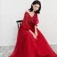 Elegant Burgundy Evening Dresses  2018 A-Line / Princess V-Neck 3/4 Sleeve Glitter Rhinestone Floor-Length / Long Ruffle Backless Formal Dresses