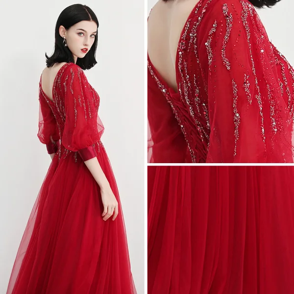 Elegant Burgundy Evening Dresses 2018 A-Line / Princess V-Neck 3/4 Sleeve Glitter Rhinestone Floor-Length / Long Ruffle Backless Formal Dresses