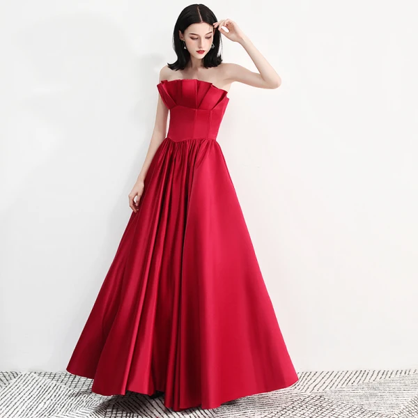 Modern / Fashion Burgundy Evening Dresses  2018 A-Line / Princess Strapless Sleeveless Floor-Length / Long Ruffle Backless Formal Dresses
