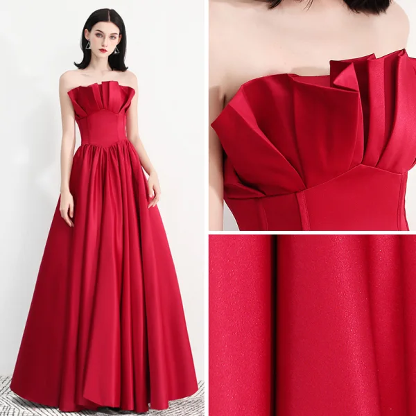 Modern / Fashion Burgundy Evening Dresses  2018 A-Line / Princess Strapless Sleeveless Floor-Length / Long Ruffle Backless Formal Dresses