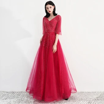 Bling Bling Tomber Bordeaux Robe De Soirée 2018 Princesse V Cou 1 2 Manches Glitter Tulle Perlage Faux Diamant Longue Volants Dos Nu Robe De Ceremonie