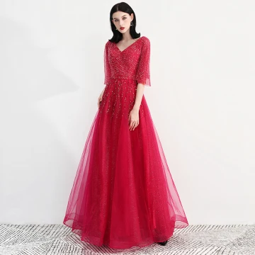 Bling Bling Tomber Bordeaux Robe De Soirée 2018 Princesse V Cou 1 2 Manches Glitter Tulle Perlage Faux Diamant Longue Volants Dos Nu Robe De Ceremonie