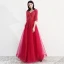 Bling Bling Fall Burgundy Evening Dresses  2018 A-Line / Princess V-Neck 1/2 Sleeves Glitter Tulle Beading Rhinestone Floor-Length / Long Ruffle Backless Formal Dresses
