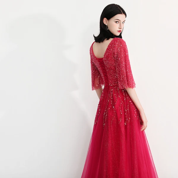 Bling Bling Fall Burgundy Evening Dresses  2018 A-Line / Princess V-Neck 1/2 Sleeves Glitter Tulle Beading Rhinestone Floor-Length / Long Ruffle Backless Formal Dresses