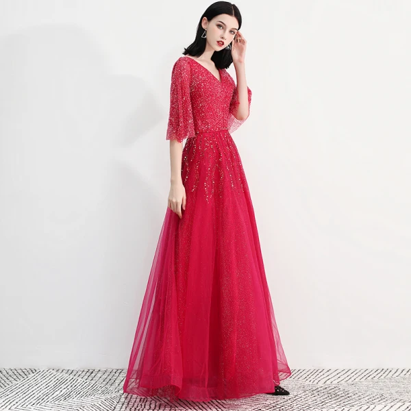 Bling Bling Fall Burgundy Evening Dresses  2018 A-Line / Princess V-Neck 1/2 Sleeves Glitter Tulle Beading Rhinestone Floor-Length / Long Ruffle Backless Formal Dresses