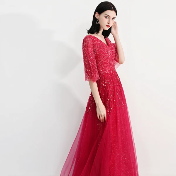 Bling Bling Fall Burgundy Evening Dresses  2018 A-Line / Princess V-Neck 1/2 Sleeves Glitter Tulle Beading Rhinestone Floor-Length / Long Ruffle Backless Formal Dresses