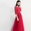 Bling Bling Fall Burgundy Evening Dresses  2018 A-Line / Princess V-Neck 1/2 Sleeves Glitter Tulle Beading Rhinestone Floor-Length / Long Ruffle Backless Formal Dresses