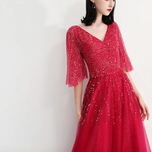Bling Bling Fall Burgundy Evening Dresses  2018 A-Line / Princess V-Neck 1/2 Sleeves Glitter Tulle Beading Rhinestone Floor-Length / Long Ruffle Backless Formal Dresses