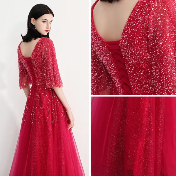 Bling Bling Fall Burgundy Evening Dresses  2018 A-Line / Princess V-Neck 1/2 Sleeves Glitter Tulle Beading Rhinestone Floor-Length / Long Ruffle Backless Formal Dresses