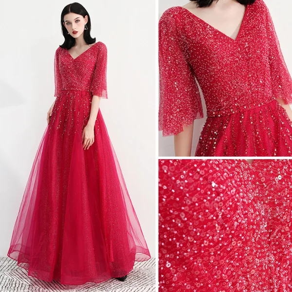 Bling Bling Fall Burgundy Evening Dresses  2018 A-Line / Princess V-Neck 1/2 Sleeves Glitter Tulle Beading Rhinestone Floor-Length / Long Ruffle Backless Formal Dresses