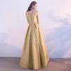 Chic / Beautiful Yellow See-through Evening Dresses  2018 A-Line / Princess Scoop Neck Cap Sleeves Appliques Lace Floor-Length / Long Ruffle Formal Dresses