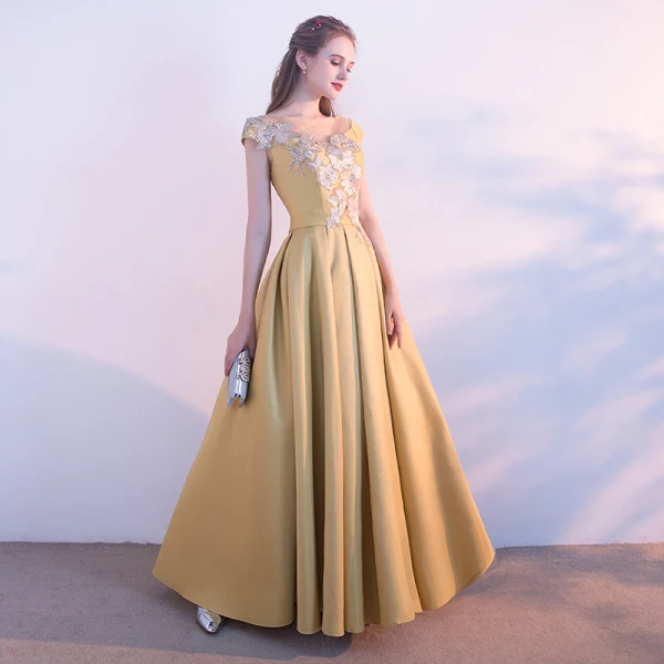 Chic / Beautiful Yellow See-through Evening Dresses  2018 A-Line / Princess Scoop Neck Cap Sleeves Appliques Lace Floor-Length / Long Ruffle Formal Dresses