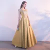 Chic / Beautiful Yellow See-through Evening Dresses  2018 A-Line / Princess Scoop Neck Cap Sleeves Appliques Lace Floor-Length / Long Ruffle Formal Dresses