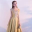 Chic / Beautiful Yellow See-through Evening Dresses  2018 A-Line / Princess Scoop Neck Cap Sleeves Appliques Lace Floor-Length / Long Ruffle Formal Dresses