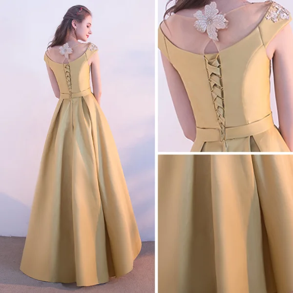 Chic / Beautiful Yellow See-through Evening Dresses  2018 A-Line / Princess Scoop Neck Cap Sleeves Appliques Lace Floor-Length / Long Ruffle Formal Dresses
