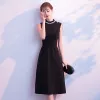 Modest / Simple Black Evening Dresses  2018 A-Line / Princess Scoop Neck Sleeveless Sash Tea-length Formal Dresses