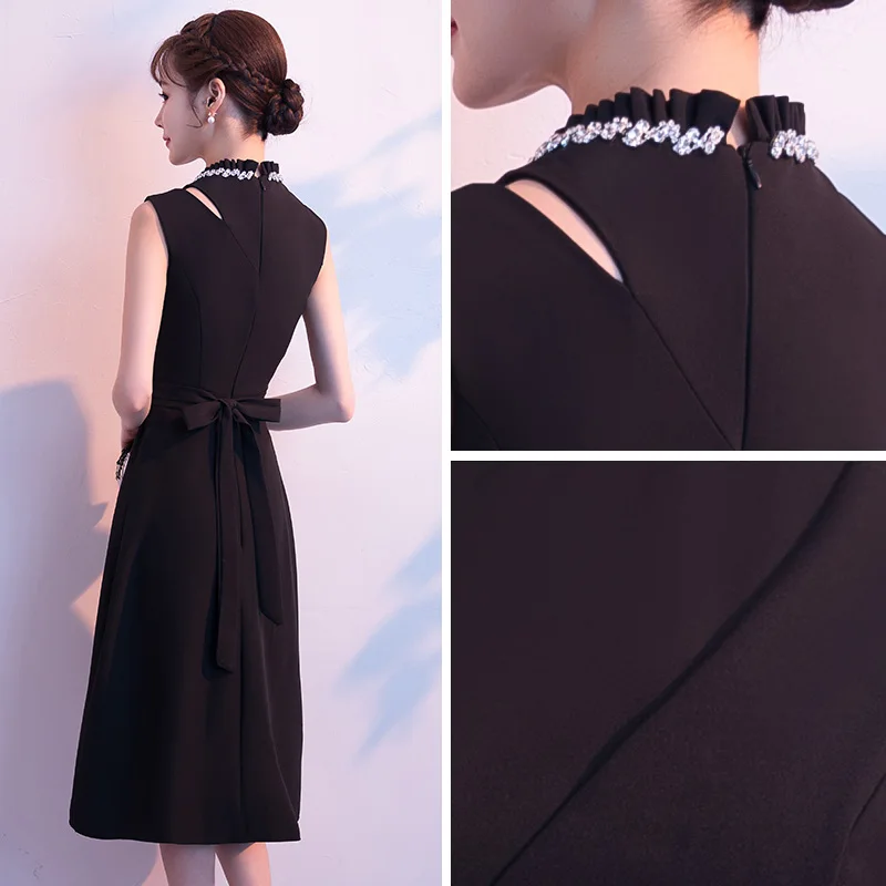Modest Simple Black Evening Dresses 2018 A Line Princess Scoop Neck  Sleeveless Sash Tea Length Formal Dresses
