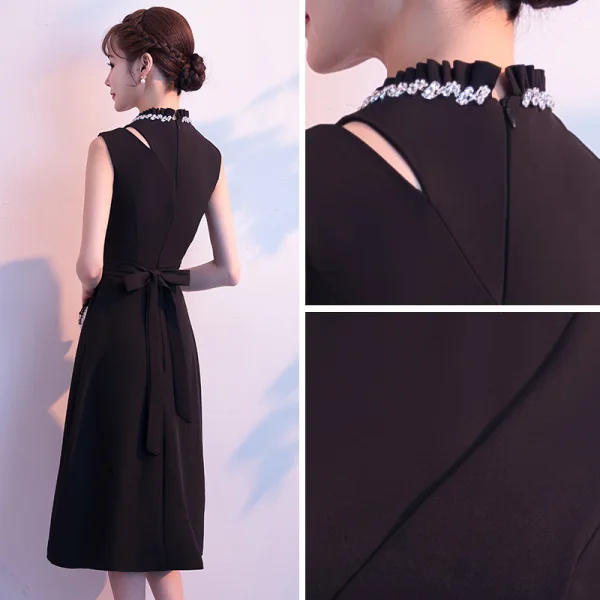 Modest / Simple Black Evening Dresses 2018 A-Line / Princess Scoop Neck Sleeveless Sash Tea-length Formal Dresses